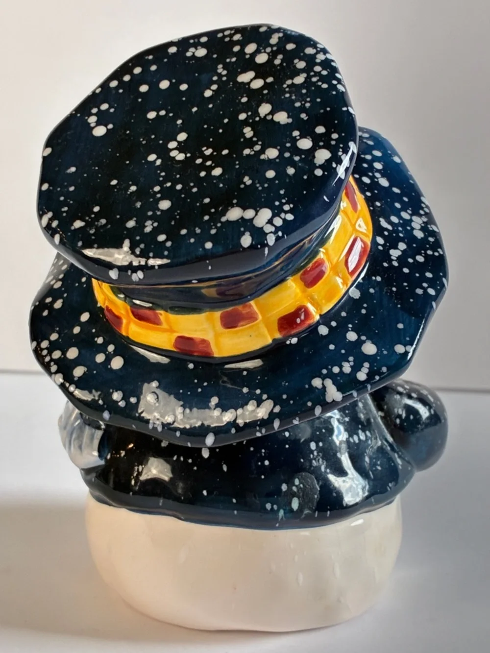 Ceramic Snowman Canister  Figurine with Navy Hat and Green Mittens